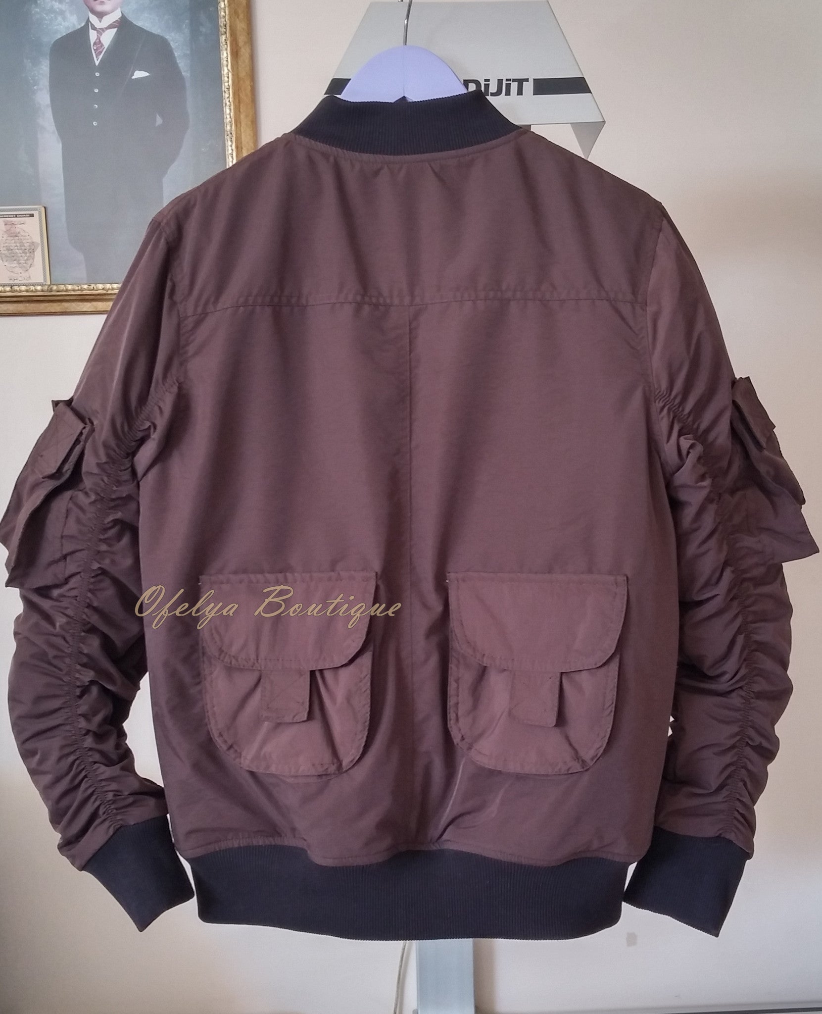 MA1 Brown with Orange Sateen Lining Back Pocket Fog Zipper Sleeves Quilted Bomber Jacket / Flight Jacket /Stich Lines on the Side Ways - Ofelya Boutique