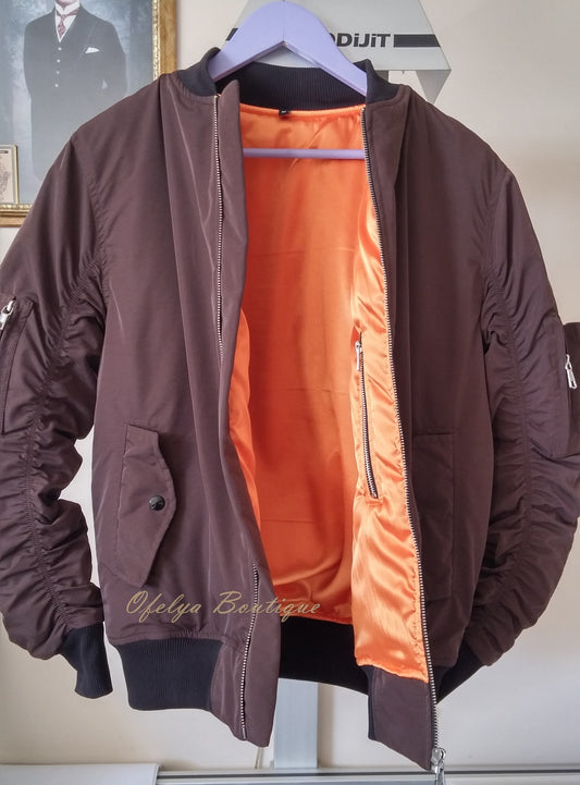 MA1 Brown with Orange Sateen Lining Back Pocket Fog Zipper Sleeves Quilted Bomber Jacket / Flight Jacket /Stich Lines on the Side Ways - Ofelya Boutique
