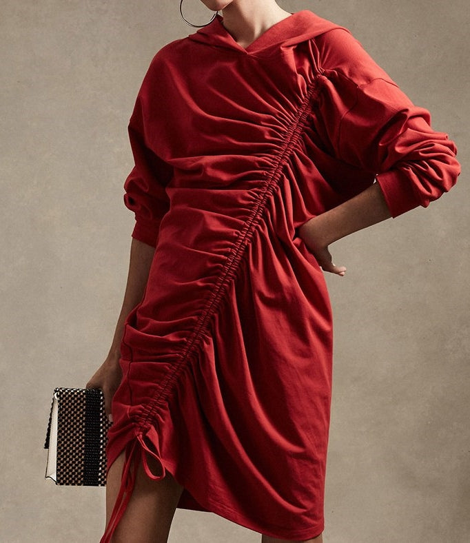 ruched hoodie dress solid drawstring ruched hooded dress casual long sleeve
