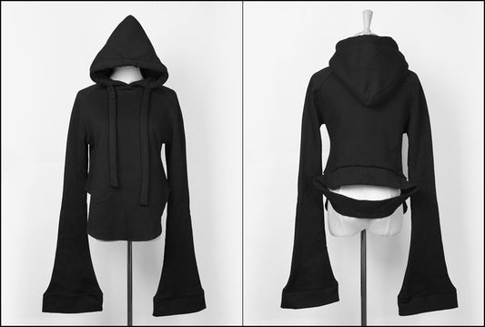 Women Dark Black Overlong Extra Long Sleeves Asymmetric Cut Women Hoodie Top Swearshirt - Ofelya Boutique
