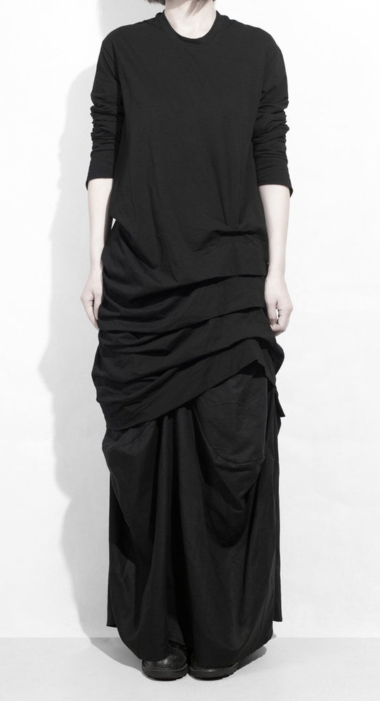 Dark Cotton Ruffle Top Hackers Draped Design Long Sleeve Tunic Dress - Ofelya Boutique