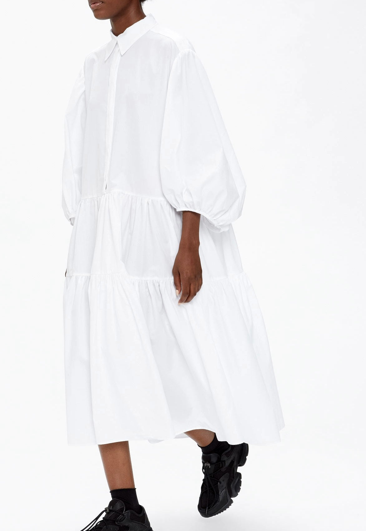 Oversized Button-up Long Dress Shirt Poplin / Pointed collar