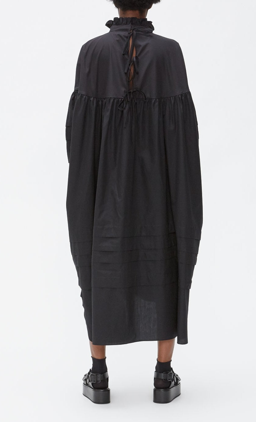 Balloon Sleeve Gathered Funnel Neckline Pleated Sleeves and Skirt Poplin Dress