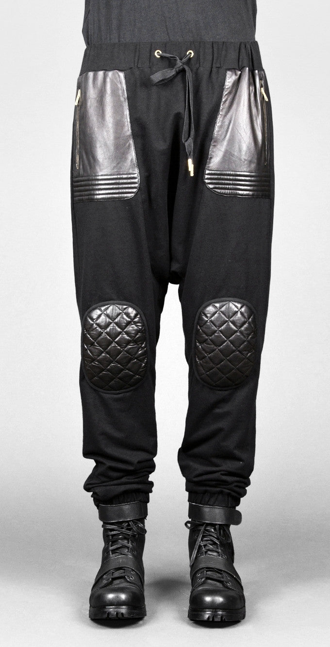 Future Moto Pants With Faux Leather Knee Patches and Two Silver Zip Leather Pocket - Ofelya Boutique