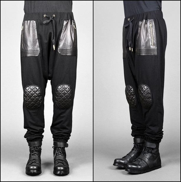Future Moto Pants With Faux Leather Knee Patches and Two Silver Zip Leather Pocket - Ofelya Boutique