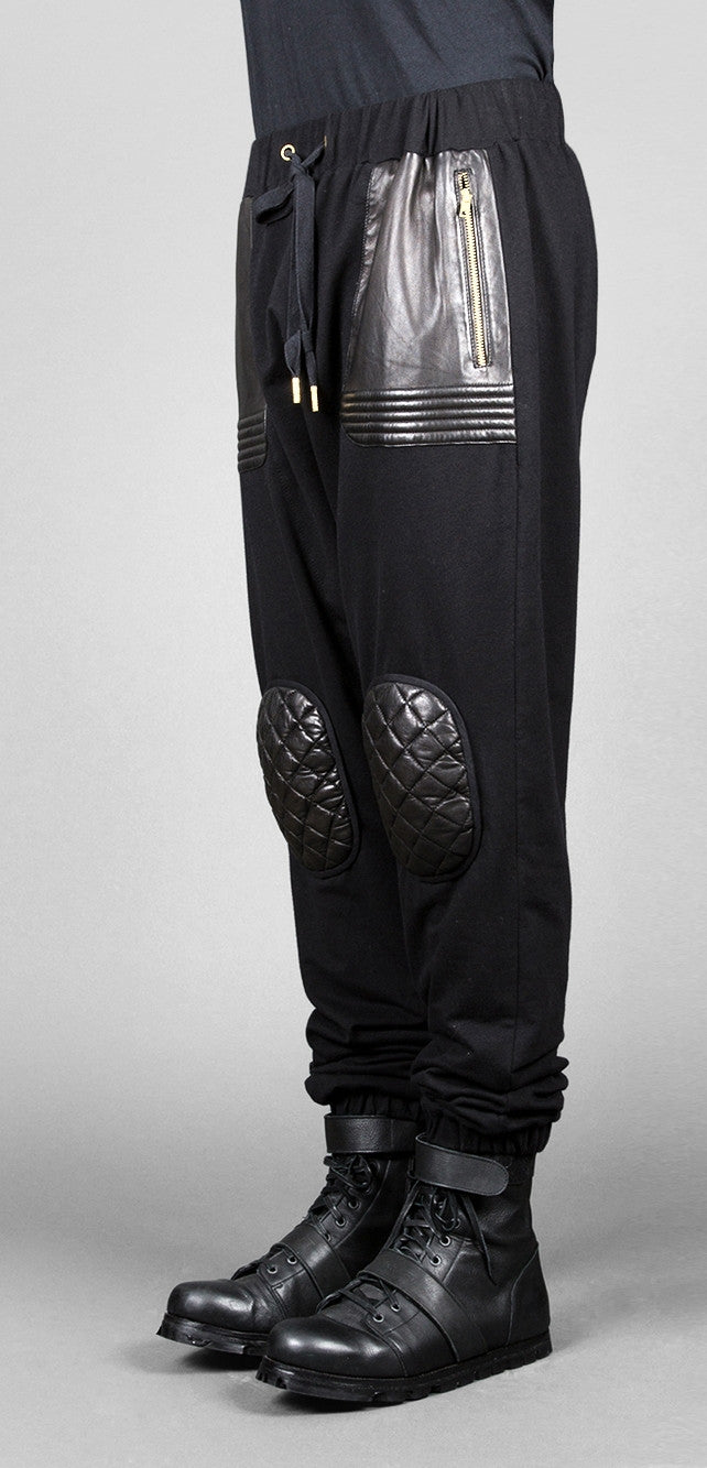 Future Moto Pants With Faux Leather Knee Patches and Two Silver Zip Leather Pocket - Ofelya Boutique