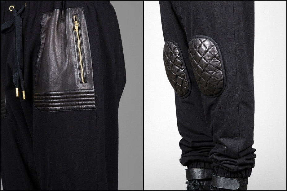 Future Moto Pants With Faux Leather Knee Patches and Two Silver Zip Leather Pocket - Ofelya Boutique