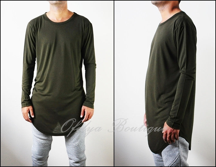 Mens Long Sleeve Wide Neck Lengthen Extended Oval Hem Tee Tshirt-BB430 - Ofelya Boutique