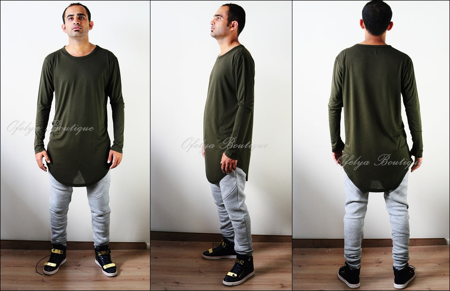 Mens Long Sleeve Wide Neck Lengthen Extended Oval Hem Tee Tshirt-BB430 - Ofelya Boutique