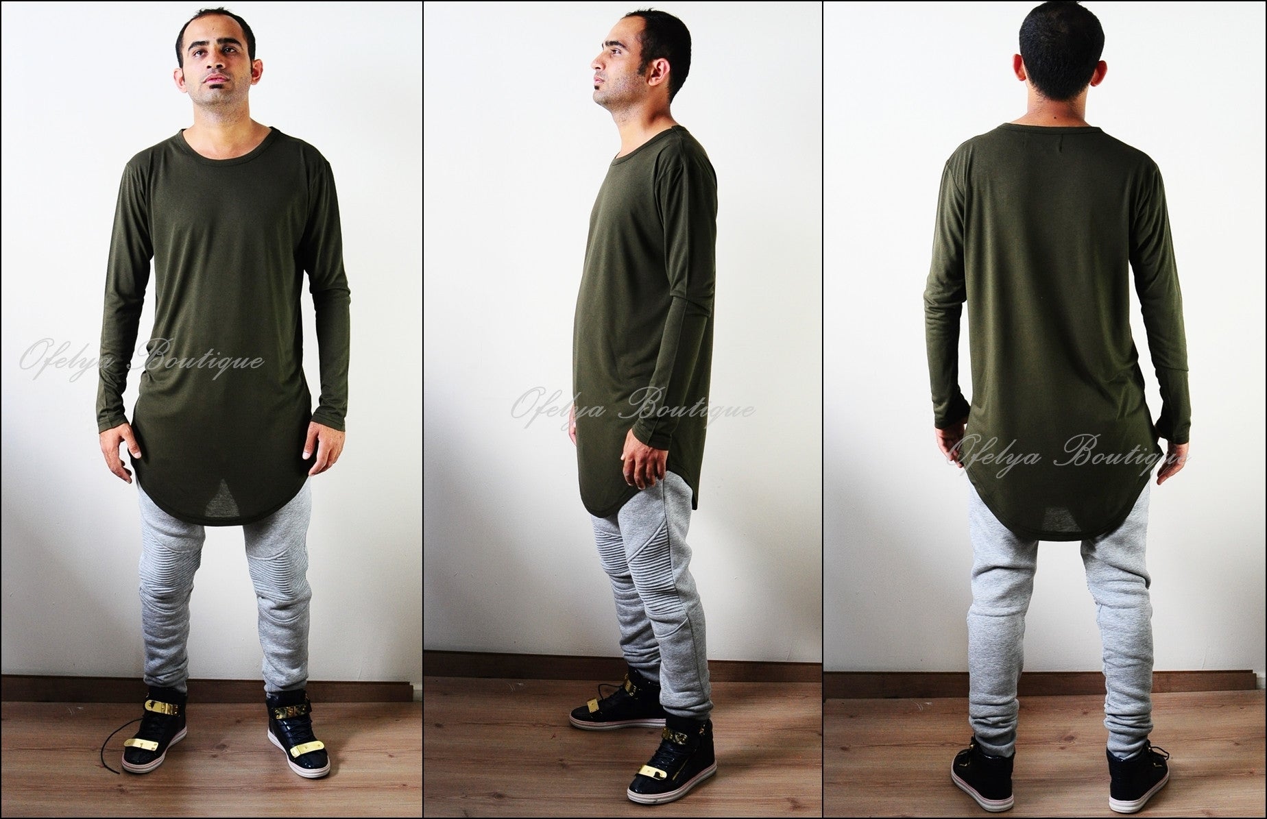 Mens Long Sleeve Wide Neck Lengthen Extended Oval Hem Tee Tshirt-BB430 - Ofelya Boutique