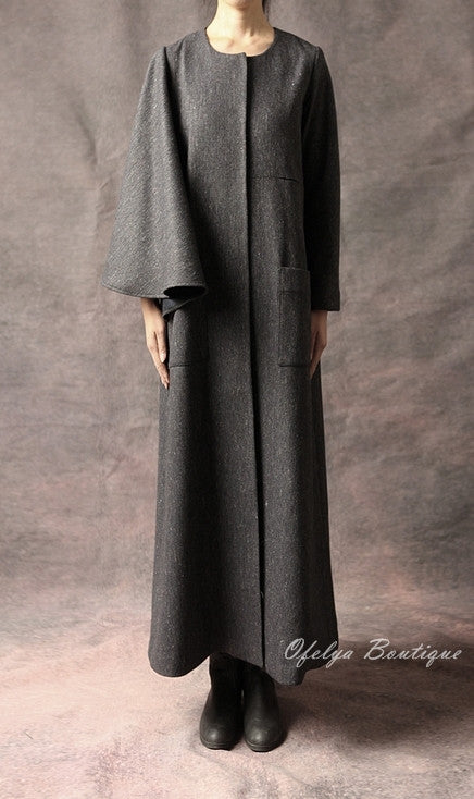 Oversized Big Dress With Two Pockets Stretch Cotton Asymmetric Cape Sleeve Coat/ Winter Woolblend Coat - Ofelya Boutique