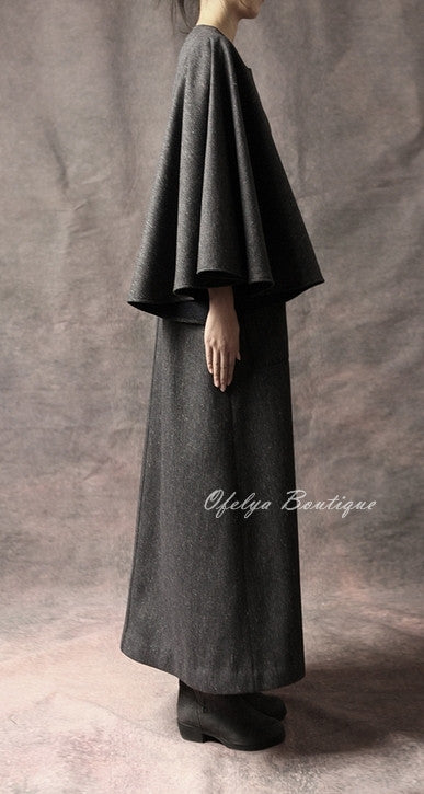 Oversized Big Dress With Two Pockets Stretch Cotton Asymmetric Cape Sleeve Coat/ Winter Woolblend Coat - Ofelya Boutique