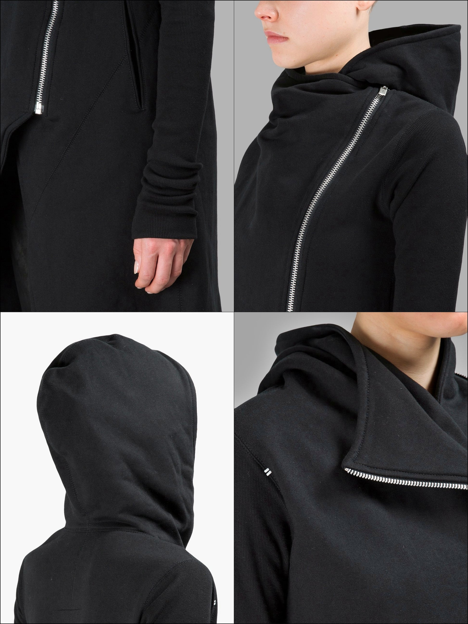 Asymmetric Front Cut // Longline Essential Full Zip Closure // Overlong Rib Sleeve Hoodie-BB121 - Ofelya Boutique