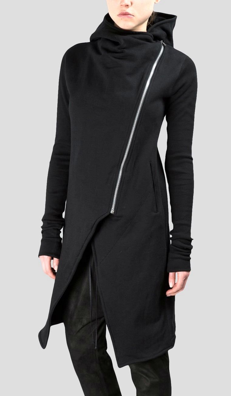Asymmetric Front Cut // Longline Essential Full Zip Closure // Overlong Rib Sleeve Hoodie-BB121 - Ofelya Boutique