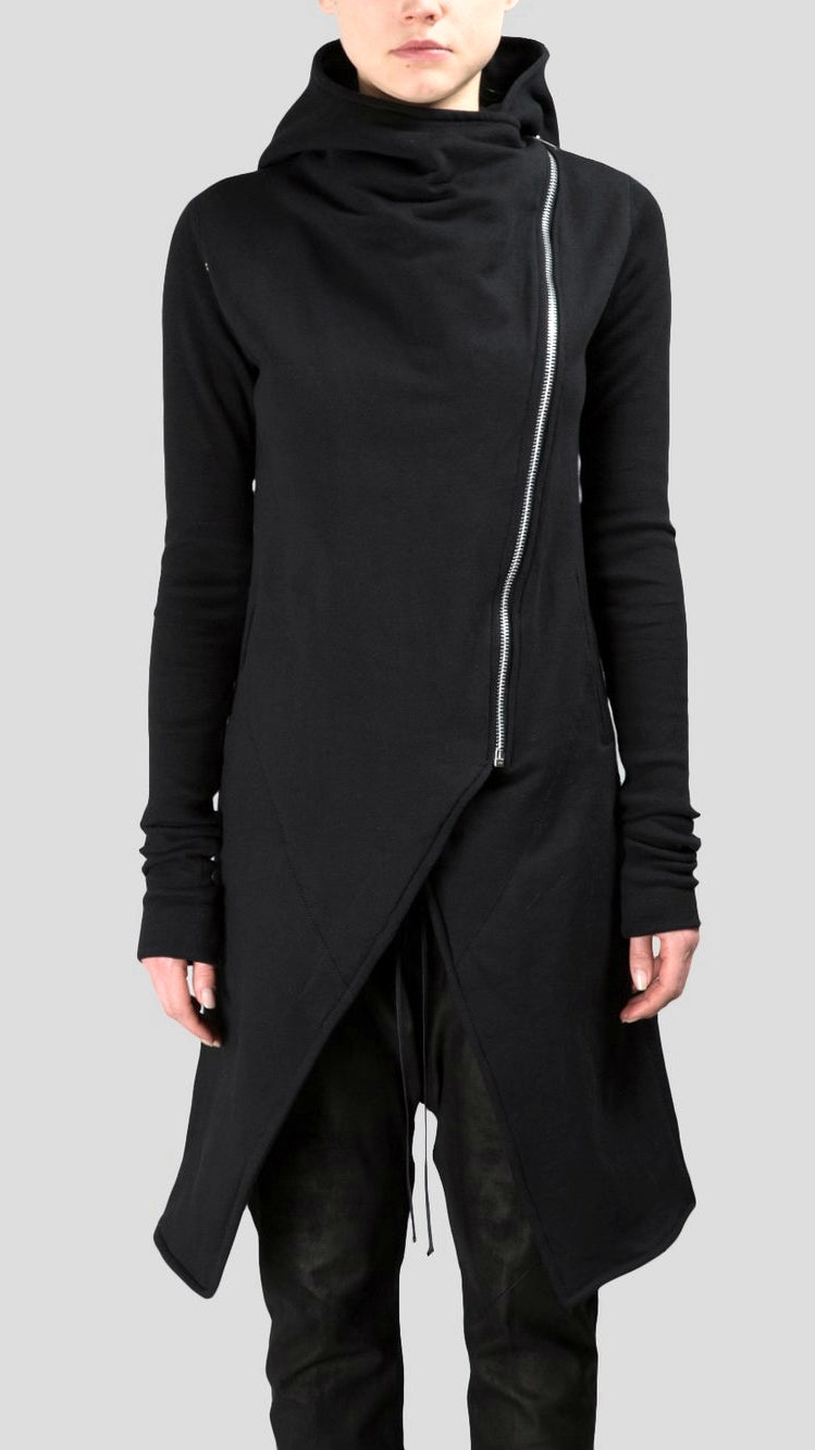 Asymmetric Front Cut // Longline Essential Full Zip Closure // Overlong Rib Sleeve Hoodie-BB121 - Ofelya Boutique