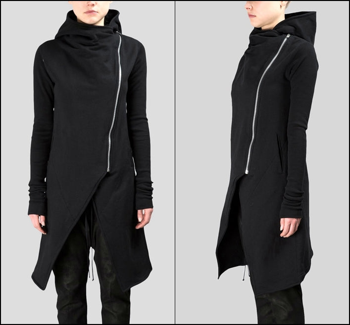 Asymmetric Front Cut // Longline Essential Full Zip Closure // Overlong Rib Sleeve Hoodie-BB121 - Ofelya Boutique