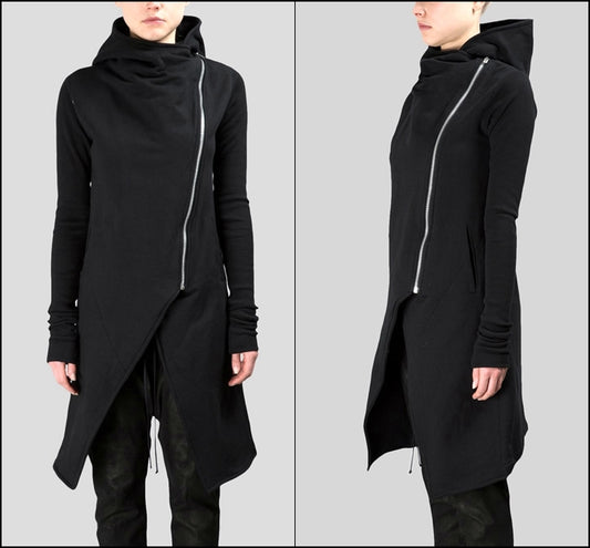Asymmetric Front Cut // Longline Essential Full Zip Closure // Overlong Rib Sleeve Hoodie-BB121 - Ofelya Boutique