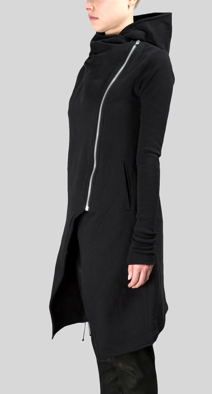 Asymmetric Front Cut // Longline Essential Full Zip Closure // Overlong Rib Sleeve Hoodie-BB121 - Ofelya Boutique