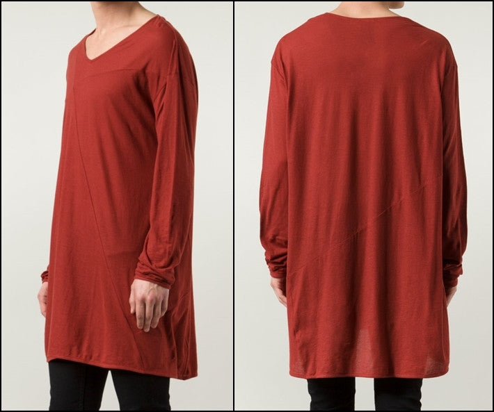 Asymmetric Long-Sleeve Viscose Cotton Tee,Wide Neck Raw Hem Extended Elongated Henley Tshirt -BB492 - Ofelya Boutique
