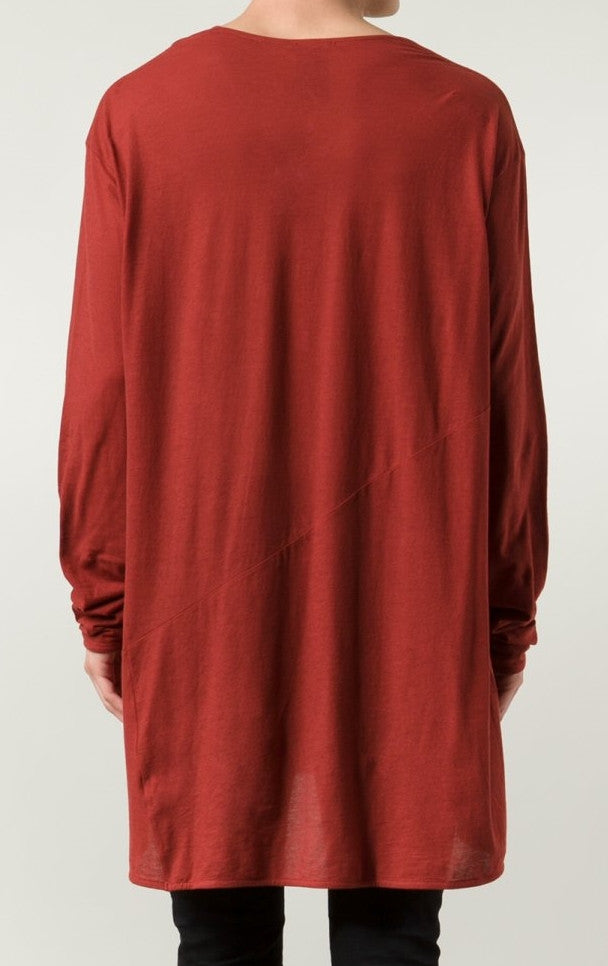Asymmetric Long-Sleeve Viscose Cotton Tee,Wide Neck Raw Hem Extended Elongated Henley Tshirt -BB492 - Ofelya Boutique