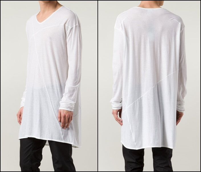 Asymmetric Long-Sleeve Viscose Cotton Tee,Wide Neck Raw Hem Extended Elongated Henley Tshirt -BB492 - Ofelya Boutique