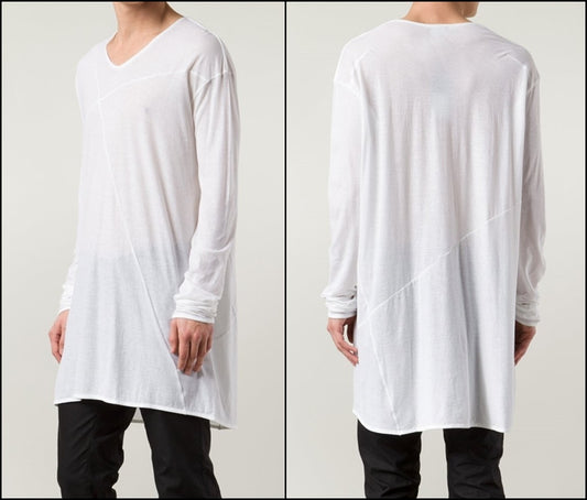 Asymmetric Long-Sleeve Viscose Cotton Tee,Wide Neck Raw Hem Extended Elongated Henley Tshirt -BB492 - Ofelya Boutique