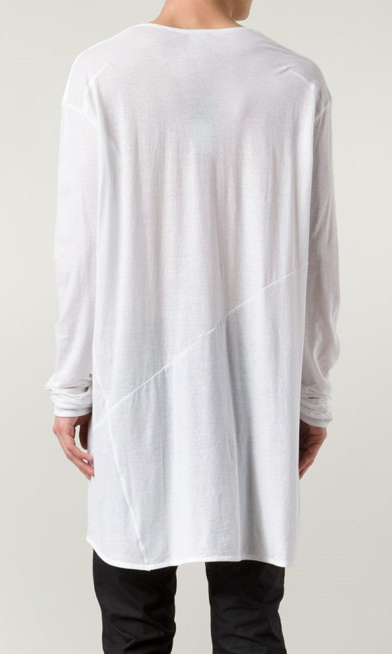 Asymmetric Long-Sleeve Viscose Cotton Tee,Wide Neck Raw Hem Extended Elongated Henley Tshirt -BB492 - Ofelya Boutique