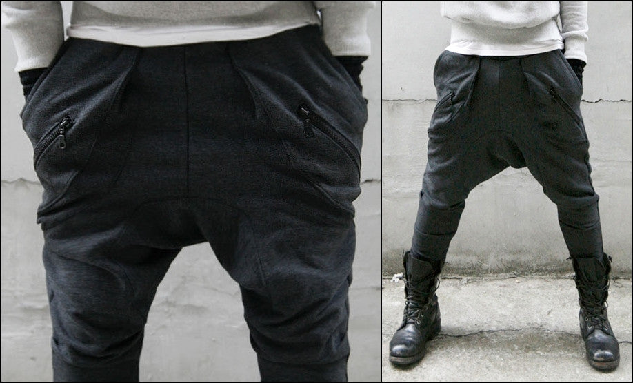 Mens Low Drop Crotch Harem Zippered Pocket Baggy Sweatpants