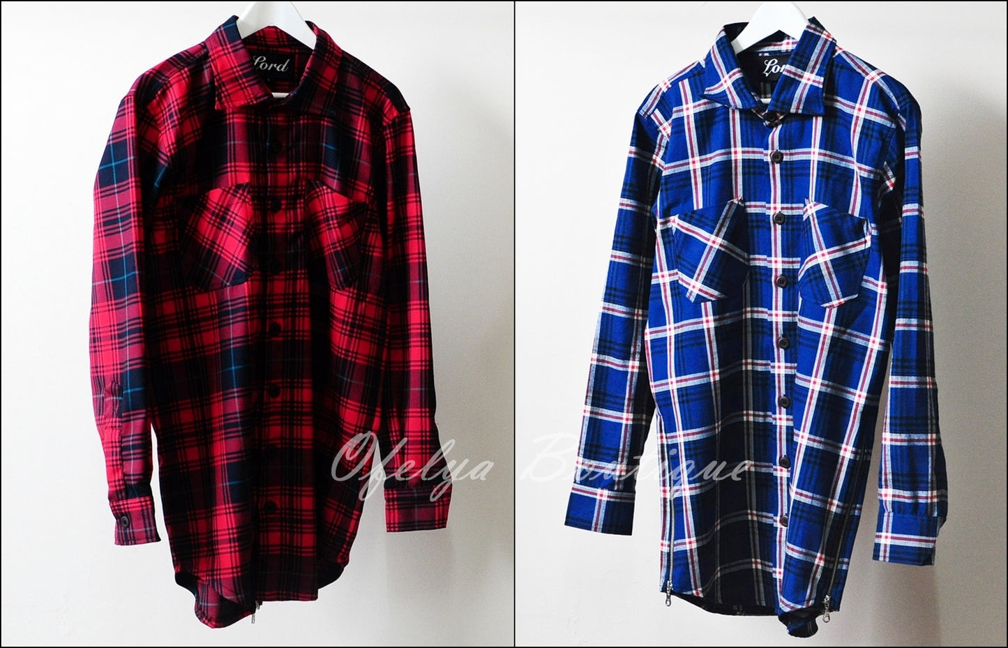 Rear Back-YKK Zip Slim Fit Long Sleeve Flannel Plaid Check Shirt Button Front Shirt - Red//Blue- - Ofelya Boutique