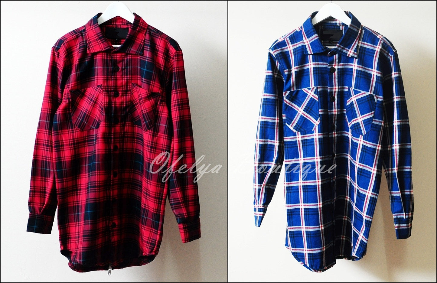 Rear Back-YKK Zip Slim Fit Long Sleeve Flannel Plaid Check Shirt Button Front Shirt - Red//Blue- - Ofelya Boutique