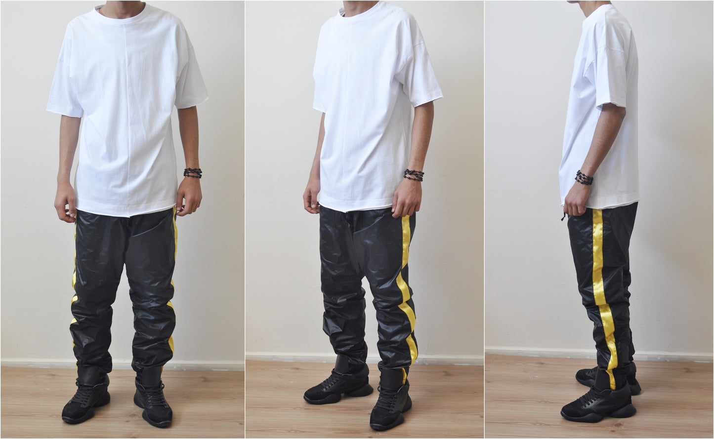 Black Gold Nylon Contrast Side Stripe Jogger Track Pants - Ofelya Boutique