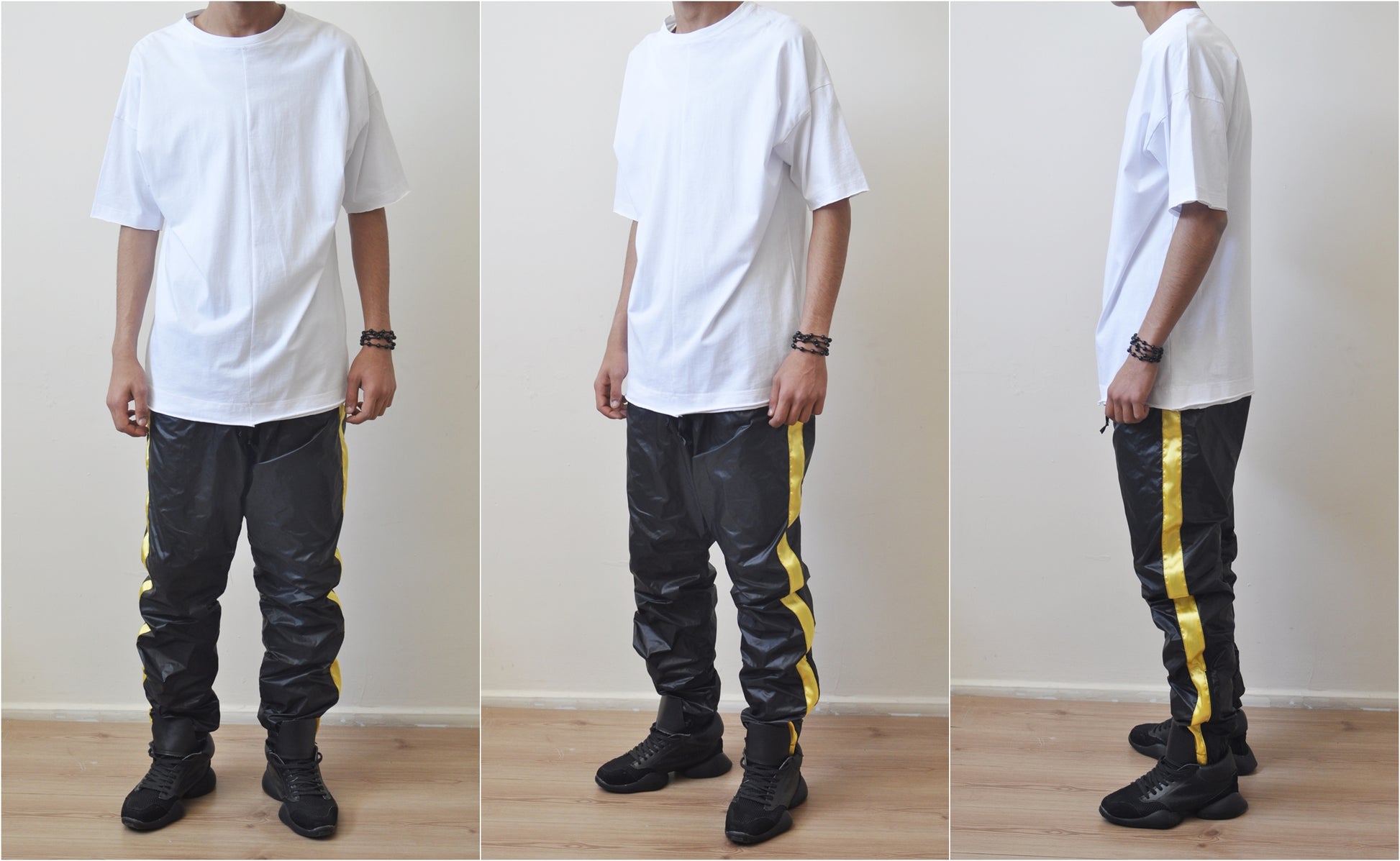 Black Gold Nylon Contrast Side Stripe Jogger Track Pants - Ofelya Boutique