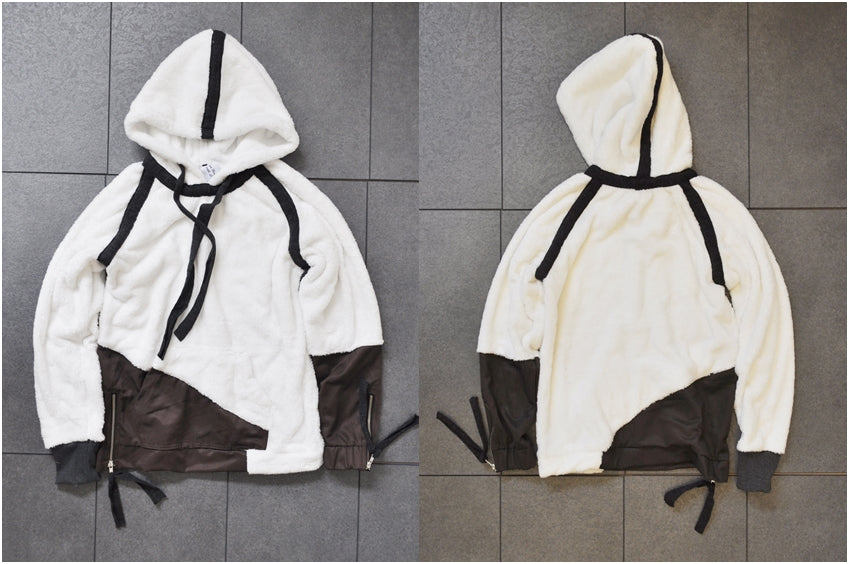 Men's Denim Patchwork Panelled Soft Sherpa Hooded Two Tone Jacket in Ivory - Ofelya Boutique