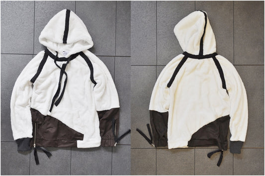 Men's Denim Patchwork Panelled Soft Sherpa Hooded Two Tone Jacket in Ivory - Ofelya Boutique