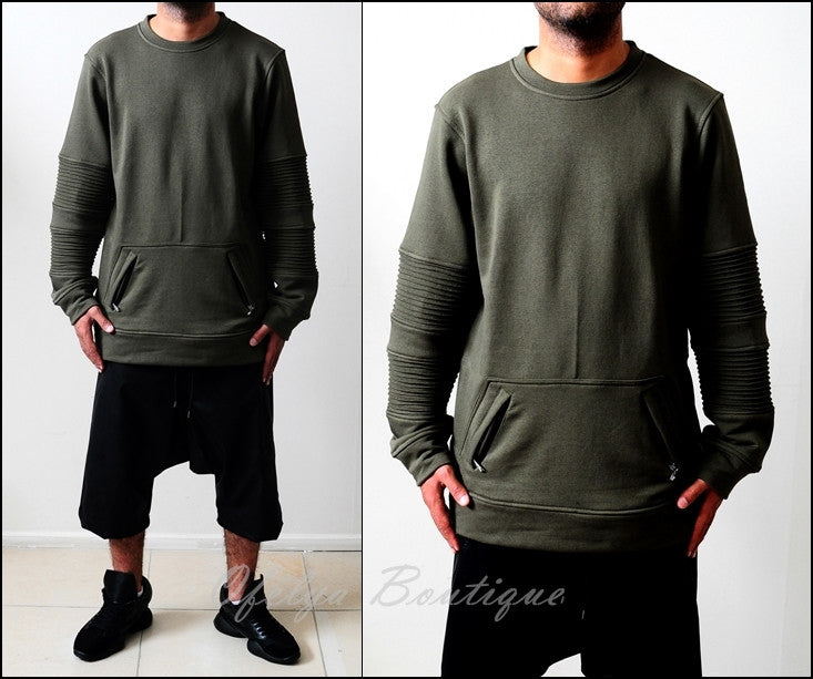 Men Crewneck Kangaroo Zipper Pocket Side Zipper Sweatshirt - Ofelya Boutique