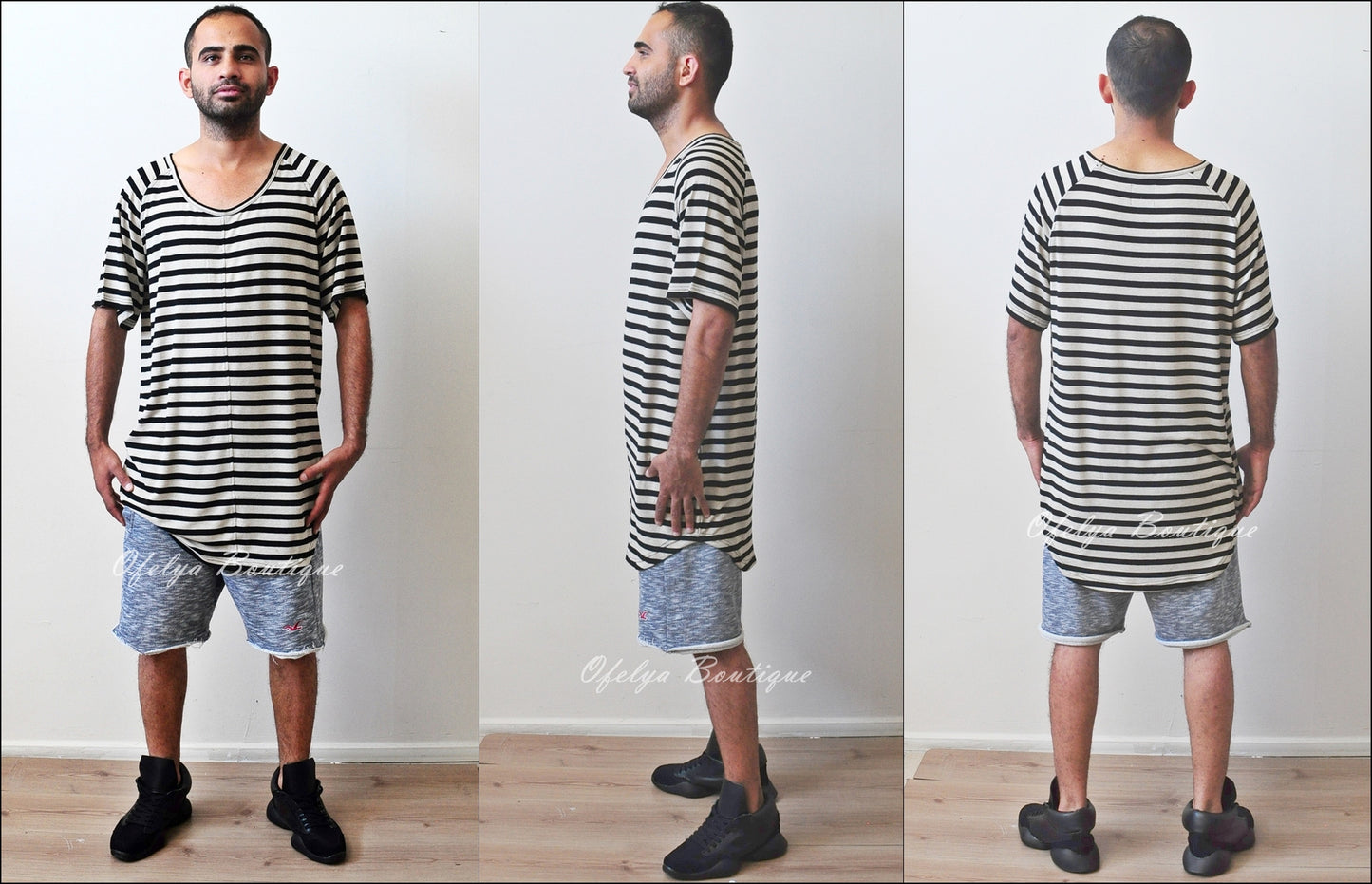 Knit Striped Under Scoop T-shirt - Extended Overlong Short Sleeve Drop Shoulder Centre back seam - Ofelya Boutique