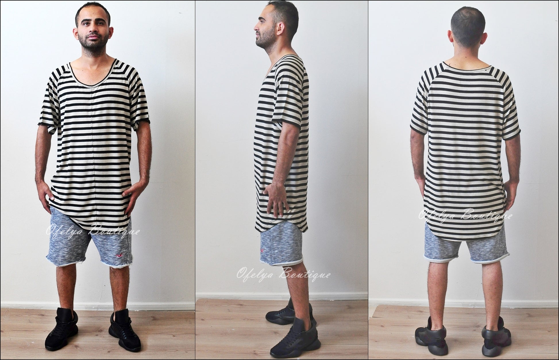 Knit Striped Under Scoop T-shirt - Extended Overlong Short Sleeve Drop Shoulder Centre back seam - Ofelya Boutique