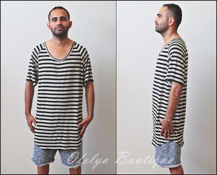 Knit Striped Under Scoop T-shirt - Extended Overlong Short Sleeve Drop Shoulder Centre back seam - Ofelya Boutique