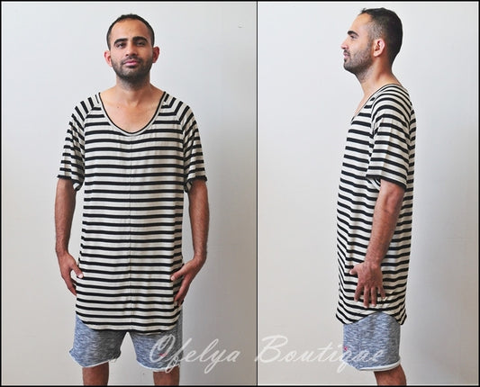 Knit Striped Under Scoop T-shirt - Extended Overlong Short Sleeve Drop Shoulder Centre back seam - Ofelya Boutique