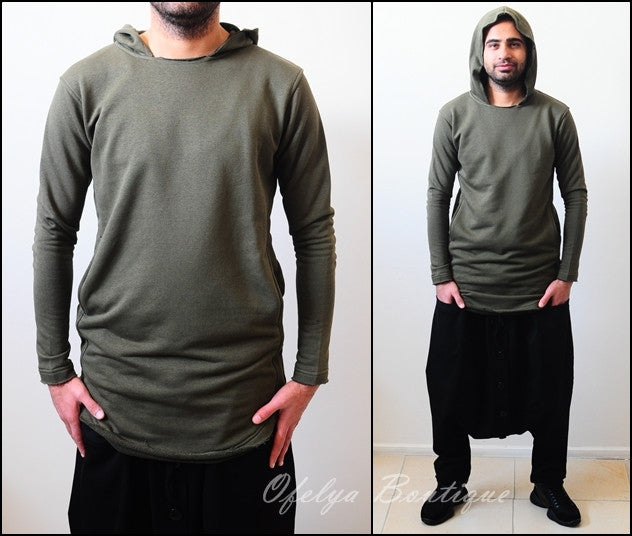 Cotton Wide Round Neck Asymmetric Raw Cut Seam Detail Sweaters Hoodie - Ofelya Boutique