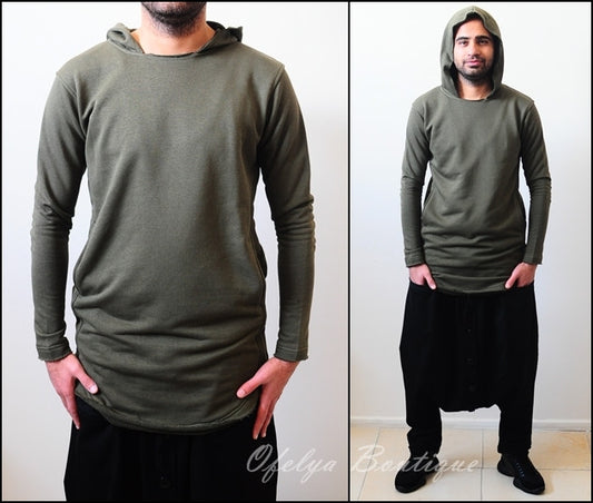 Cotton Wide Round Neck Asymmetric Raw Cut Seam Detail Sweaters Hoodie - Ofelya Boutique