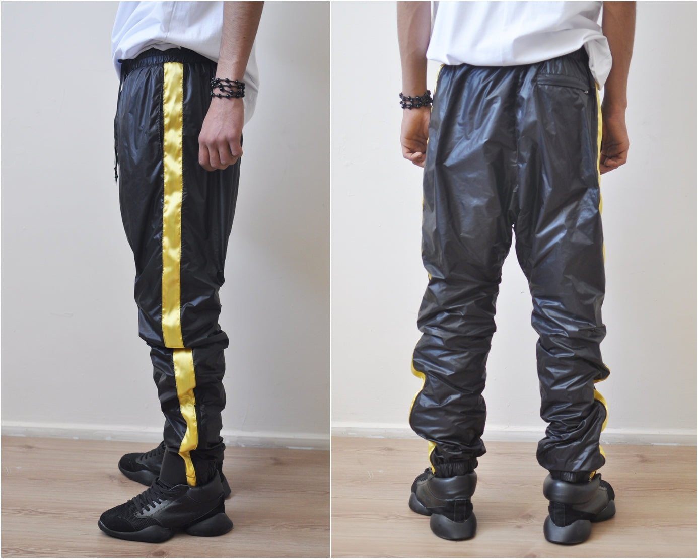 Black Gold Nylon Contrast Side Stripe Jogger Track Pants - Ofelya Boutique