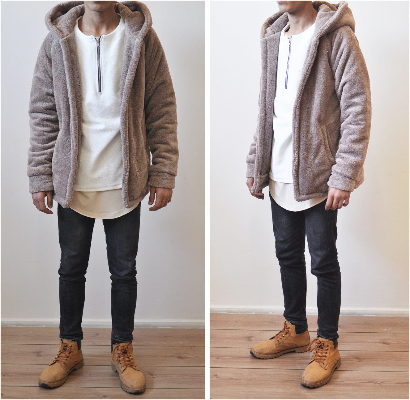 Men's Oversized Sherpa Anorak BoxyFit Side Slit Ivory Raf Bubble Furry Hoodie Warm Sherling Hoodie Winter / Pullover Supreme Yeezy Lining - Ofelya Boutique
