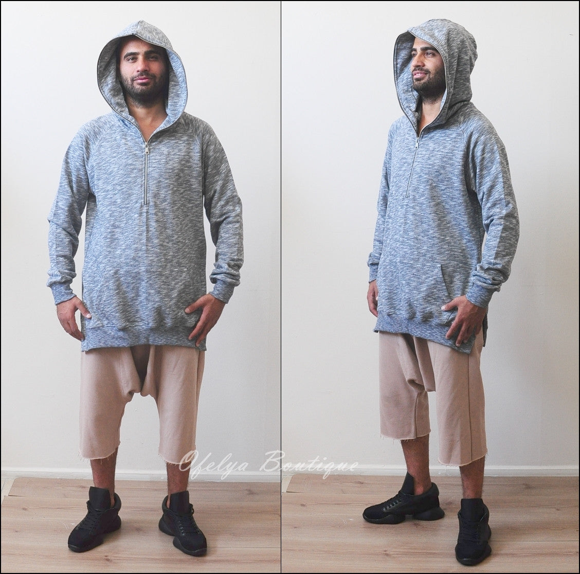 Men Half-Zip Essentials Extended Side Slit Cotton Hoodie - Ofelya Boutique