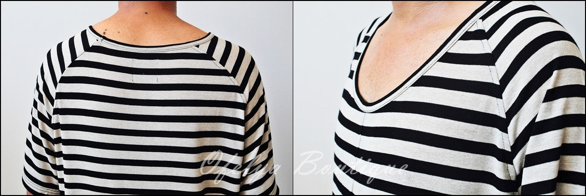 Knit Striped Under Scoop T-shirt - Extended Overlong Short Sleeve Drop Shoulder Centre back seam - Ofelya Boutique