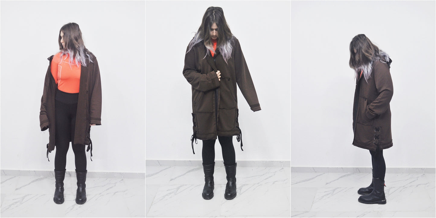 Oversized Hooded Long Leather - Tied Up Cardigan Cape