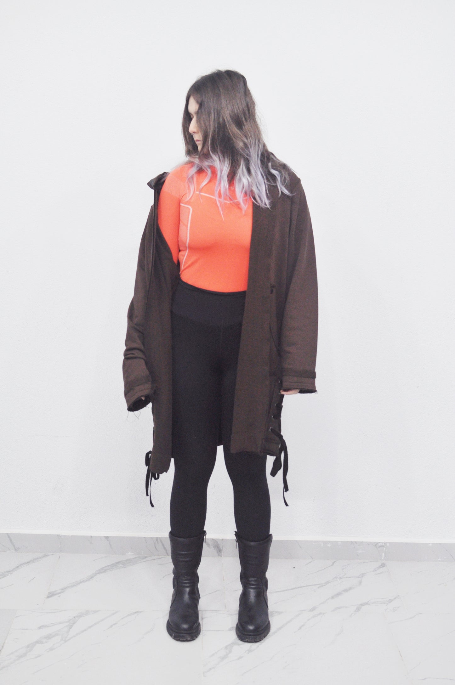 Oversized Hooded Long Leather - Tied Up Cardigan Cape