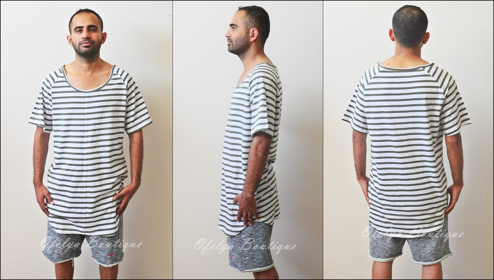 Striped White-Green Under Scoop Cotton Long Sleeve T-shirt - Extended Overlong -  Drop Shoulder Centre back seam - Ofelya Boutique