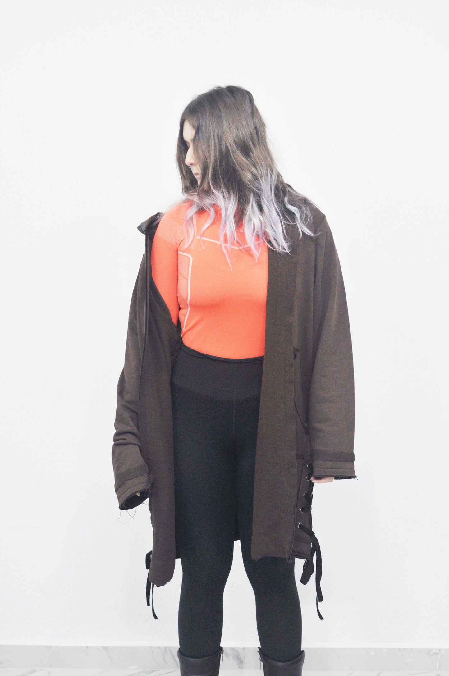 Oversized Hooded Long Leather - Tied Up Cardigan Cape
