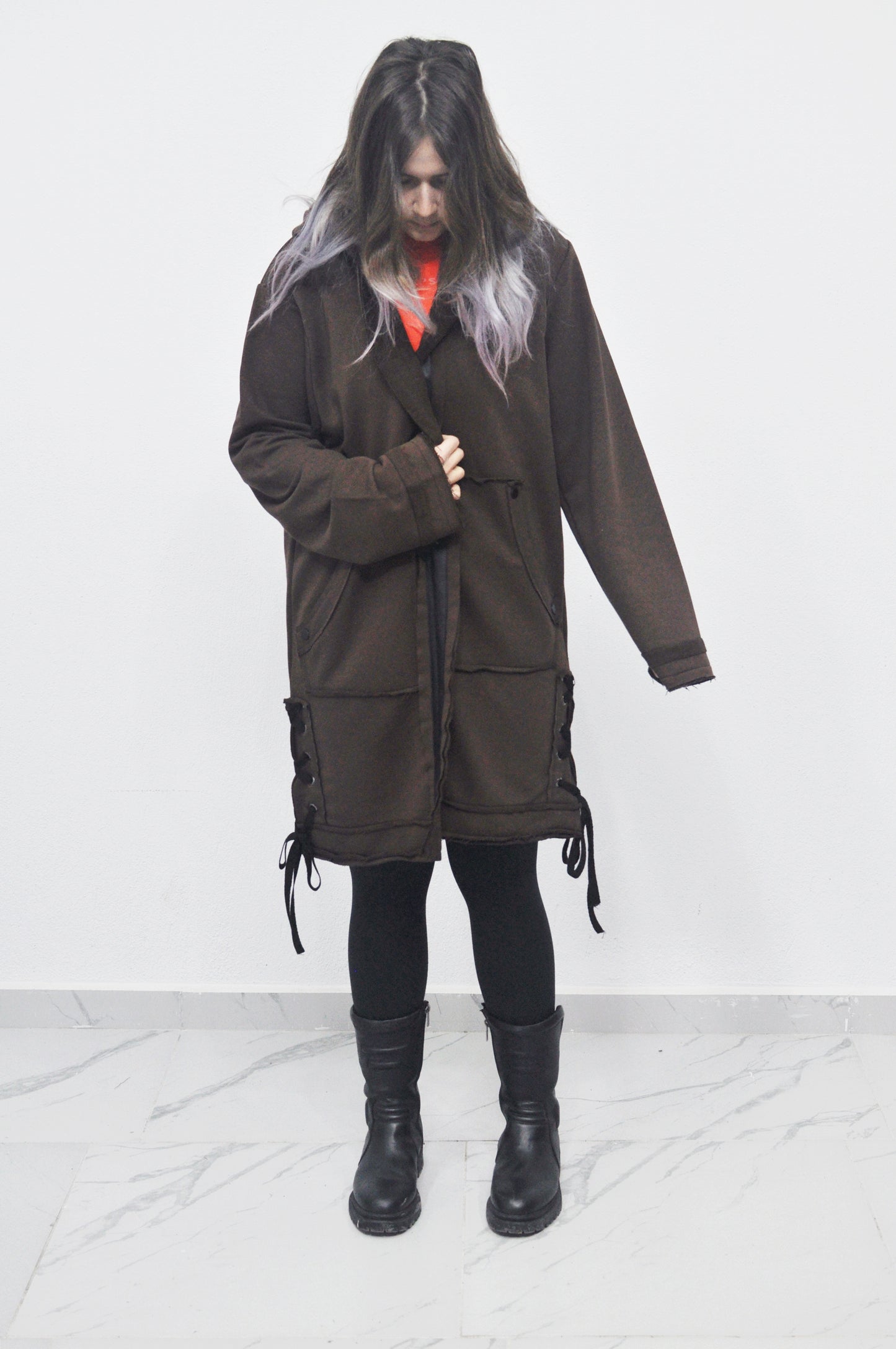 Oversized Hooded Long Leather - Tied Up Cardigan Cape